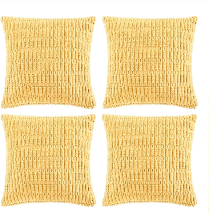Fancy Homi 4 Packs Yellow Decorative Throw Pillow Covers 22x22 Inch for Living Room Couch Bed Sofa, Rustic Farmhouse Boho Home Decor, Soft Striped Corduroy Square Cushion Case 55x55 cm
