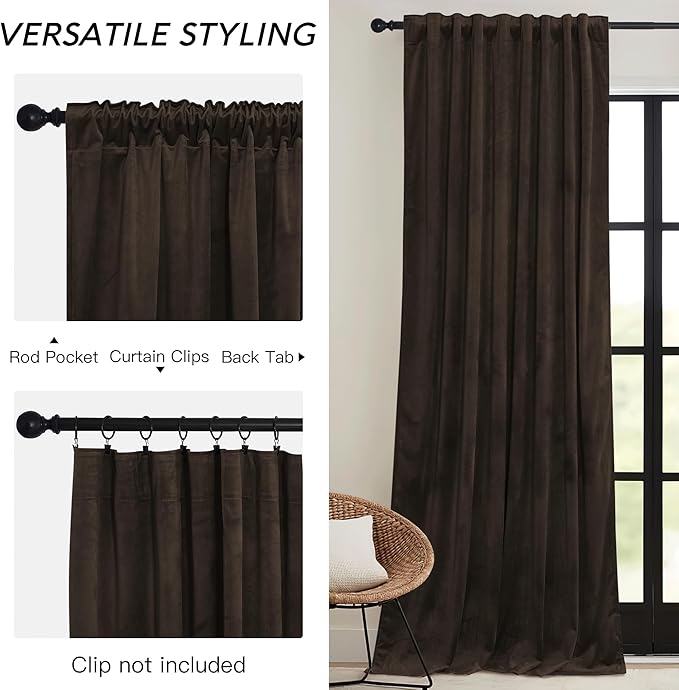 RYB HOME Brown Velvet Curtains 102 inches with Hook Belt, Soft Fabric Room Darkening Thermal Insulated Luxurious Home Decor Curtains for Living Room Bedroom, W 52" x L 102", 2 Panels Set