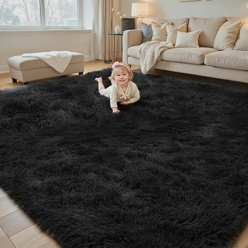 Area Rugs 9x12 Living Room, Large Area Rug Shag Shaggy Carpet Soft Plush Furry Bedside Rug, Machine Washable Area Rugs for Bedroom Kids Girls Boys Home Decor Anti Slip(9 x 12, Black)