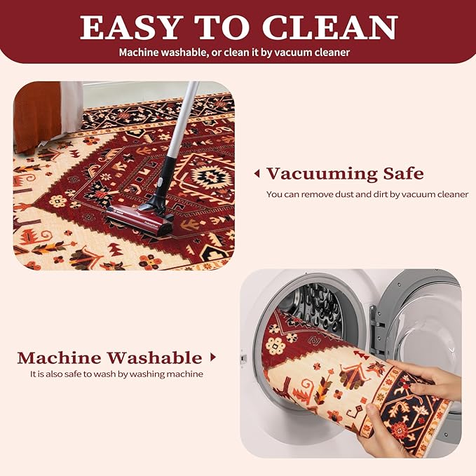 SERISSA 6x9 Area Rugs for Living Room, Large Washable Non-Slip Boho Rug, Ultra Soft Vintage Red Black Oriental Tribal Print Distressed Carpet for Dining Room Bedroom Dorm Office Home Decor