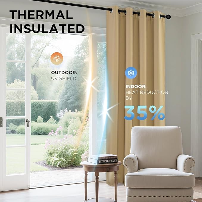Joydeco Blackout Curtains 63 Inch Length 2 Panels Set, Thermal Insulated Long Curtains& Drapes 2 Burg, Room Darkening Grommet Drapes for Living Room Bedroom Window (W52 x L63 Inch, Beige)