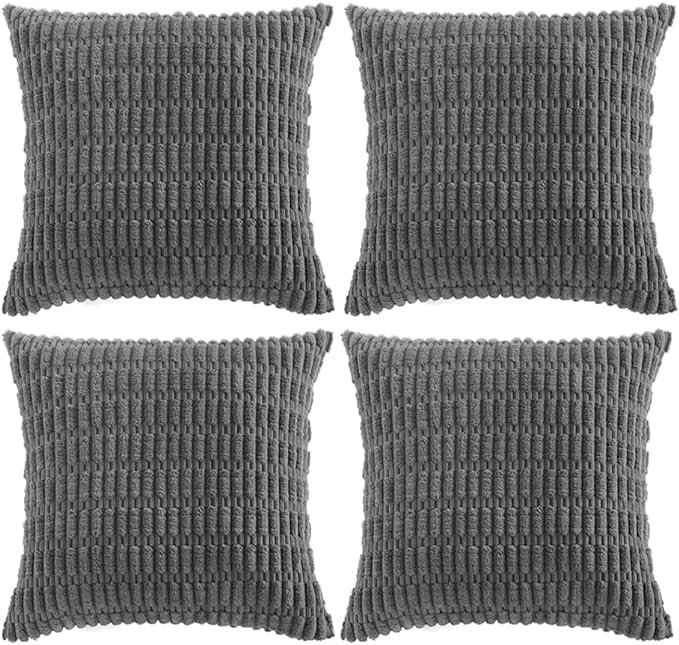 Fancy Homi 4 Packs Dark Grey Decorative Throw Pillow Covers 22x22 Inch for Couch Bed, Rustic Modern Farmhouse Boho Home Decor, Soft Plush Corduroy Gray Cute Square Accent Cushion Case 55x55 cm