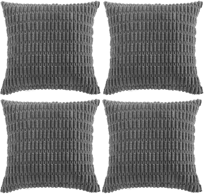 Fancy Homi 4 Packs Dark Grey Decorative Throw Pillow Covers 24x24 Inch for Couch Bed, Rustic Modern Farmhouse Boho Home Decor, Soft Plush Corduroy Gray Cute Square Accent Cushion Case 60x60 cm