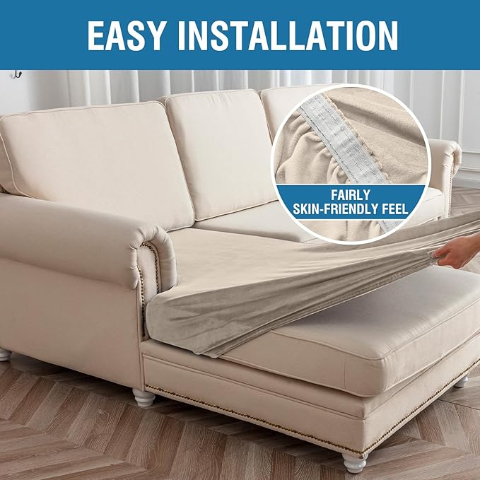 Couch Cover 8-Piece Elastic Velvet Couch Cushion Covers & Chaise Slipcovers for L-Shaped Sofas - Sofa Seat Covers Washable, Soft Protector for Couches (7 Seater + Chaise, Taupe)