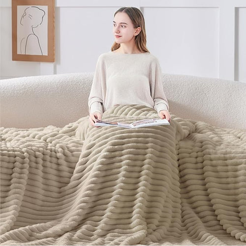 BEDELITE Blankets Queen Size for Bed, 300GSM Soft & Warm Fleece Blanket, Decorative and Giftable Striped Linen Blankets for Women, Men, 90"x90"