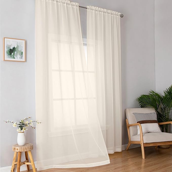 Simplebrand Cream Sheer Curtains 96 Inches Long 2 Panels, Light Filtering Rod Pocket Solid Color Window Sheer Curtain Panels, Elegant Curtains & Drapes for Living Room, Bedroom, 42" W x 96" L