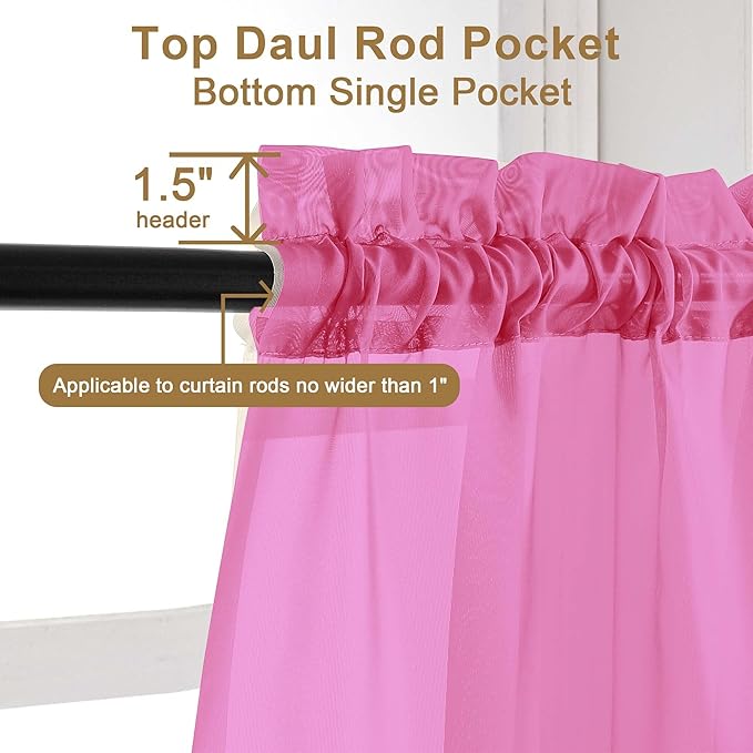 Chyhomenyc Sheer Curtains 63 Inch Length 2 Panels Set, Light Filtering Rod Pocket Window Curtain Treatment Drapes for Bedroom Living Room, Each 42Wx63L, Set of 2, Hot Pink