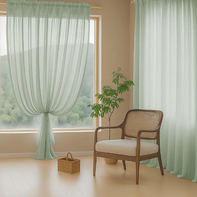 Green Sheer Curtains 216 Inches Long, Extra Long Light Filtering Modern Scarf Curtains for Wedding Party Ceremony Canopy Decor, Rod Pocket Voile Window Drapes, 2x42Wx216L Inches