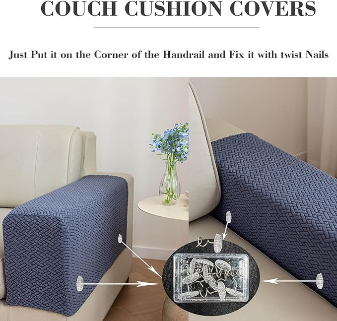 2Pcs Couch Arm Covers, Armrest Cover for Sofa, Sofa Arms Covers Washable Arms with Twist Pins Soft,Skin-Friendly for Pets (Texture Blue, Armrest Cover)