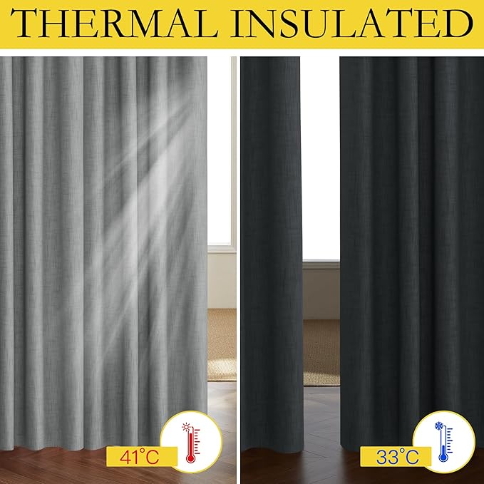NICETOWN 100% Absolutely Blackout Linen Curtains with Thermal Insulated White Liner, 52" Wide, 2 Panels, 84 inches Long Drapes, Grommet Retro Dove Grey Linen Vertical Drapes Privacy for Bedroom