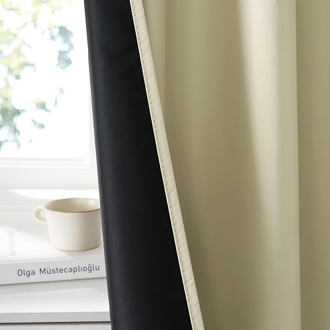 RYB HOME 100% Blackout Short Curtains for Small Window, Thermal Insulated Total Room Darkening Noise Reducing Curtains for Basement Bathroom Basement, 29 inches Wide by 45 inches Long, Beige