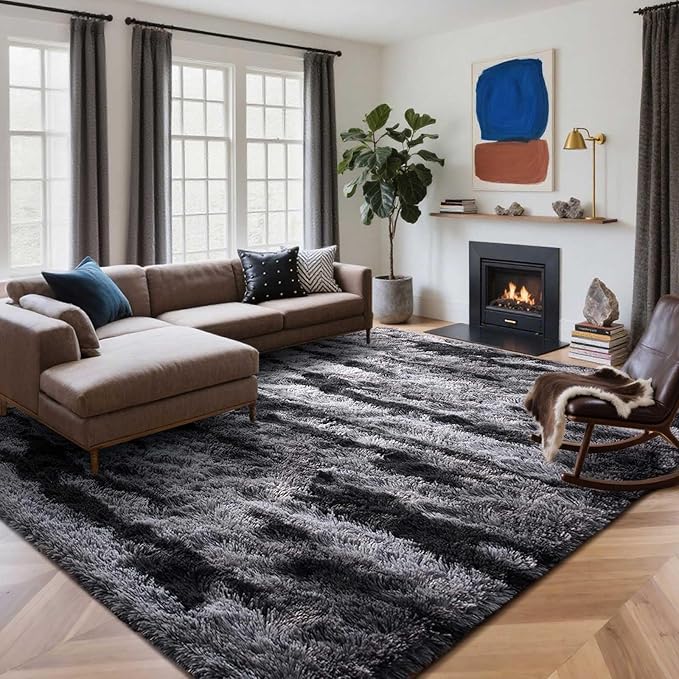 8x10 Ft Extra Large Shag Rugs for Living Room, Tie Dyed Ultra Soft Fluffy Furry Area Rugs for Bedroom Indoor Floor, Aesthetic Carpet for Kids Home Decor Black