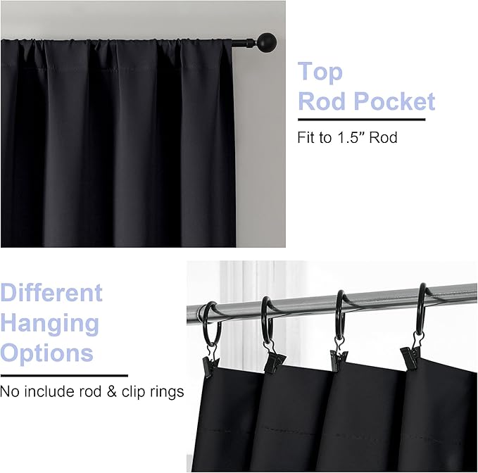 Simplebrand Ava Halloween Black Blackout Curtains for Bedroom 90 Inches Long 2 Panels Set, Solid Privacy Energy Saving Living Room Window Treatment Curtains Blackout Drapes, W50 x L90 Inch, Black