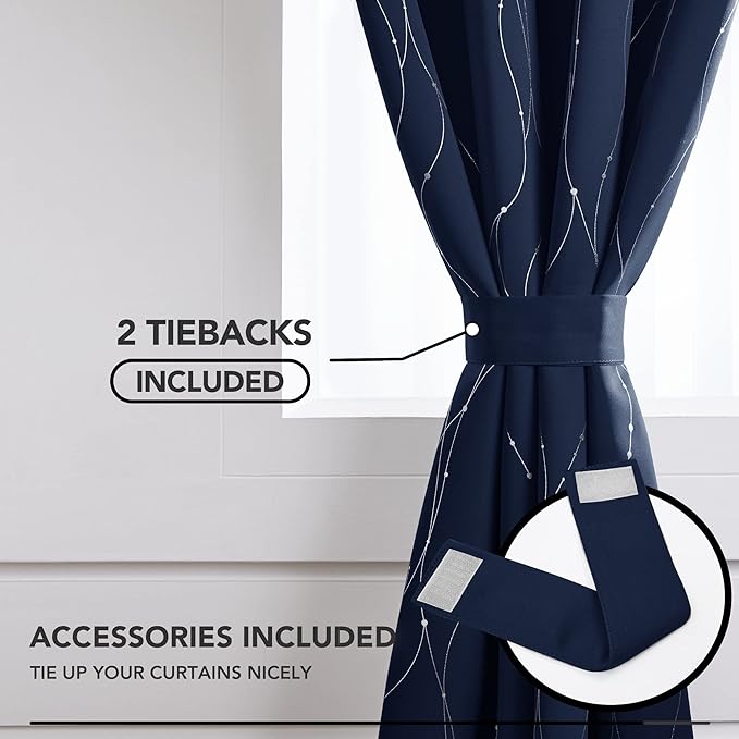 Deconovo Blackout Curtains 63 Inch Length 2 Panels, Navy Blue Curtain, Thermal Insulated Soundproof Privacy Curtain with Silver Wave Dots Print, Machine Washable Window Panel for Bedroom Nursery