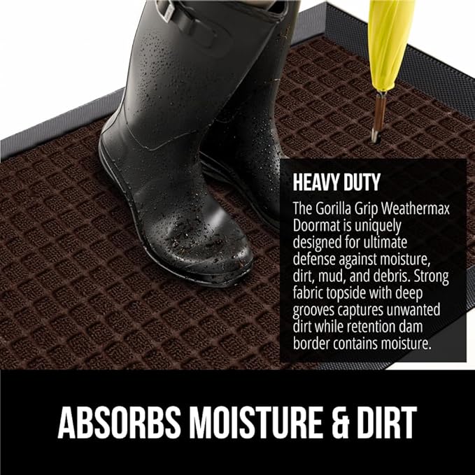 GORILLA GRIP 100% Waterproof All-Season WeatherMAX Doormat, 72x24, US Designed Natural Rubber, Stain and Fade Resistant, Low Profile Indoor Outdoor Door Mats, Easy Clean Patio Mat, Coffee Squares
