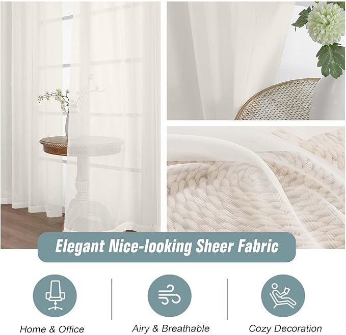 Ivory Sheer Curtains 90 Inches Long 2 Panels, Light Filtering Solid Sheer Curtains for Bedroom Living Room, Lightweight Soft Airy Window Voile Sheer Drapes, Dual Rod Pocket, 2x42Wx90L Inches
