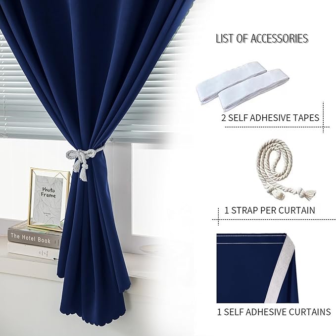 Self Adhesive Portable Blackout Curtains for Bedroom Easy to Install Window Thermal Lnsulated Kitchen Room Darkening Small Window Curtains, 35" W X 59" L, Navy Blue, 1 Panel