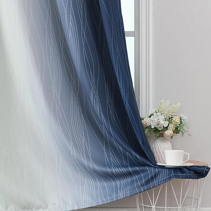 Estelar Textiler Navy Blue and Sage Green Blackout Curtains 54 Inch Length, Full Light Blocking Gradient Grommet Drapes for Kitchen, Thermal Insulated Ombre Curtains for Bedroom, 52Wx54L, 2 Panels