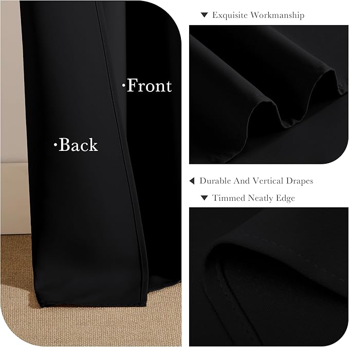 PONY DANCE Black Kitchen Blackout Curtains Over Sink, Short Half Curtains for Bathroom Basement Small Window Decor, Thermal Insulated Light Blocking Bedroom Draperies, W 42 x L 45 inches, 2 Panels Set