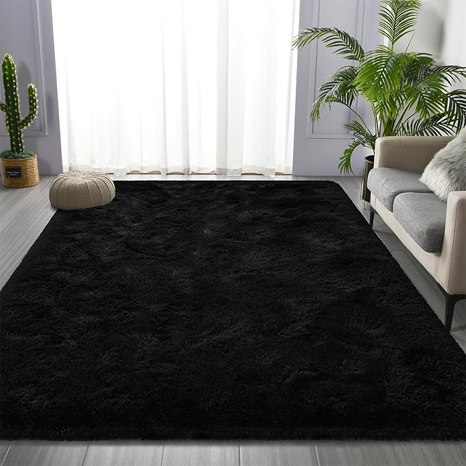 Deerhoo Large Shag Area Rugs 6 x 9, Plush Fuzzy Rugs for Living Room, Ultra Soft Fluffy Furry Rug for Bedroom, Indoor Carpet Nursery Rugs for Kids Room Home Decor, Black