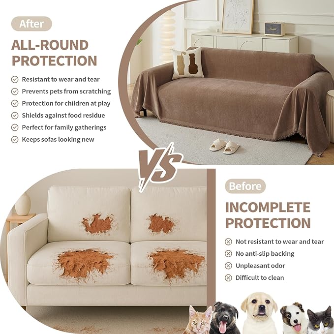Couch Cover for Dogs, Boho Sofa Covers for 2 Cushion Couch, Chenille Sofa Slipcover for Pets Washable, L-Shape Sectional Couch Loveseat Cover Soft Throw Blankets with Tassels(71x102,Coffee)