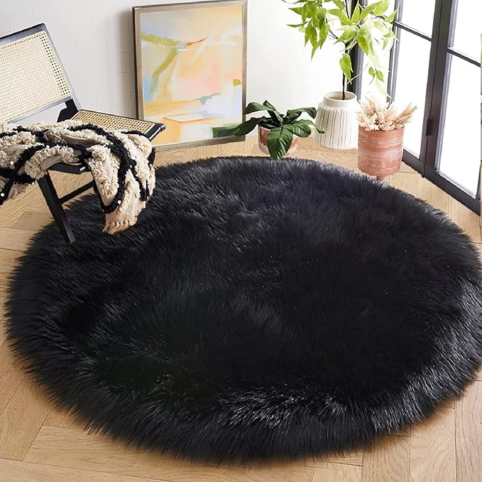 ORINOVA Black Fuzzy Washable Shaggy Area Rugs for Bedroom Small Circle Faux Sheepskin Shag Fur Round Rug 3ft Nursery Rug