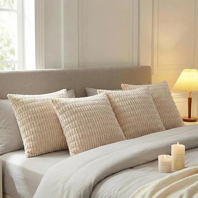Fancy Homi 4 Packs Tan Decorative Throw Pillow Covers 22x22 Inch for Living Room Couch Bed Sofa, Beige Rustic Farmhouse Boho Home Decor, Soft Plush Striped Corduroy Square Cushion Case 55x55 cm