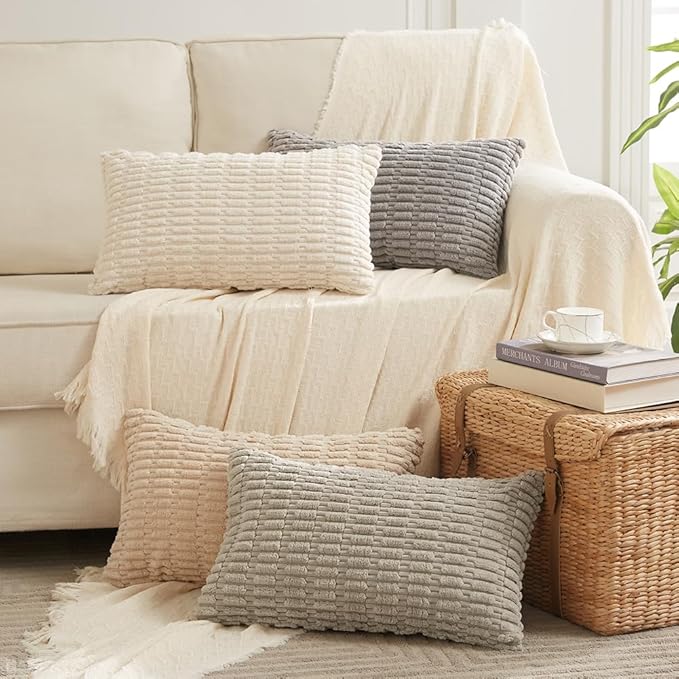 Fancy Homi 4 Packs Neutral Boho Long Lumbar Decorative Throw Pillow Covers 20x28 Inch for Couch Sofa, Rustic Farmhouse Boho Neutral Home Decor, Soft Plush Striped Corduroy Square Cushion Case 50x70 cm