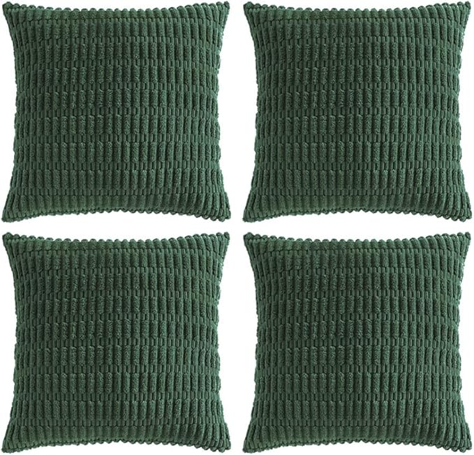 Fancy Homi Set of 4 Dark Green Boho Decorative Throw Pillow Covers 22x22 Inch for Couch Bed Sofa, Aesthetic Modern Bohemian Room Decor, Soft Fuzzy Fluffy Cozy Corduroy Textured Cushion Case 55x55cm