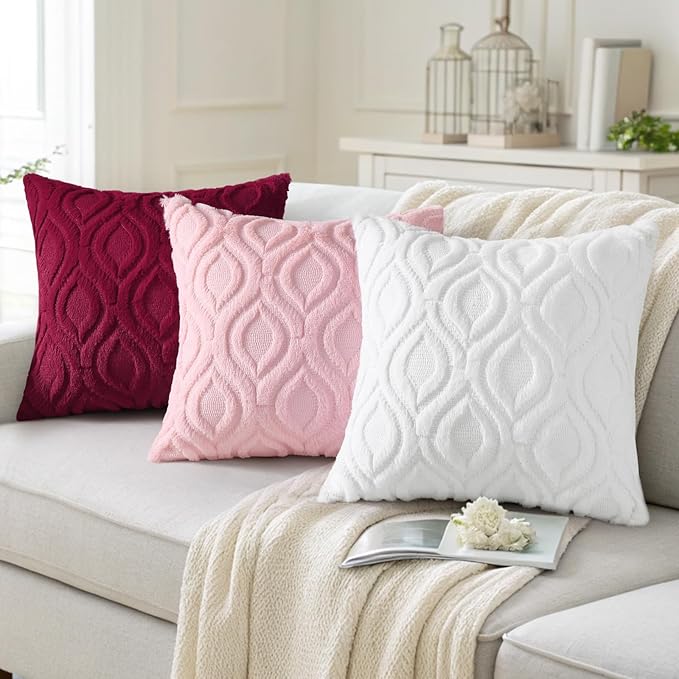 decorUhome Summer Throw Pillow Covers 20x20 Inch Set of 2, Soft Plush Faux Wool Light Pink Solid Couch Pillow Covers, Accent Farmhouse Neutral Square Pillow Cases for Sofa Bed Living Room