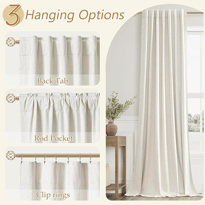 Guken Cream 100% Blackout Linen Curtains 38 Inch Wide by 80 Inch for Living Room Bedroom Back Tab Rod Pocket Thermal Insulated Black Out Drapes Room Darkening Farmhouse Window Curtains