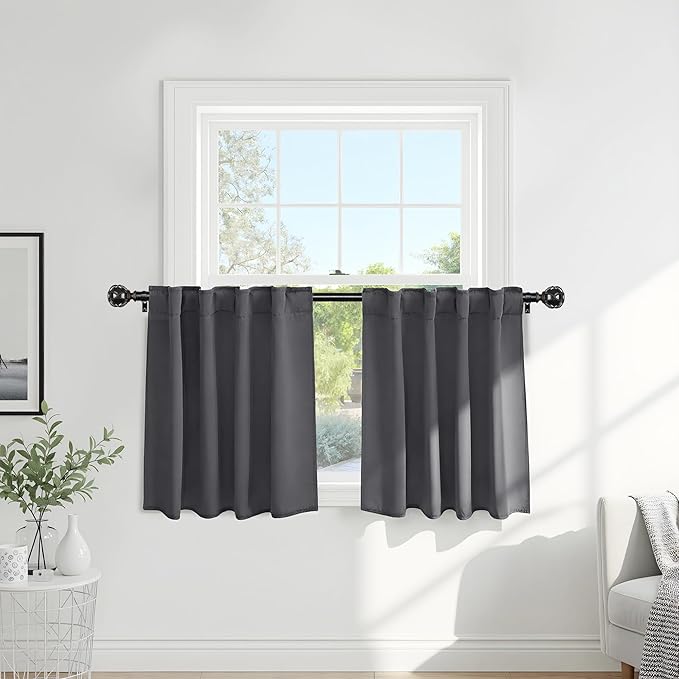 PONY DANCE Short Gray Blackout Drapes - Small Window Curtain Thermal Insulated Light Blocking Drapes Back Tab/Rod Pocket Short Curtain Panels for Bedroom & Kitchen, 42 W x 30 L, Grey, 1 Pair