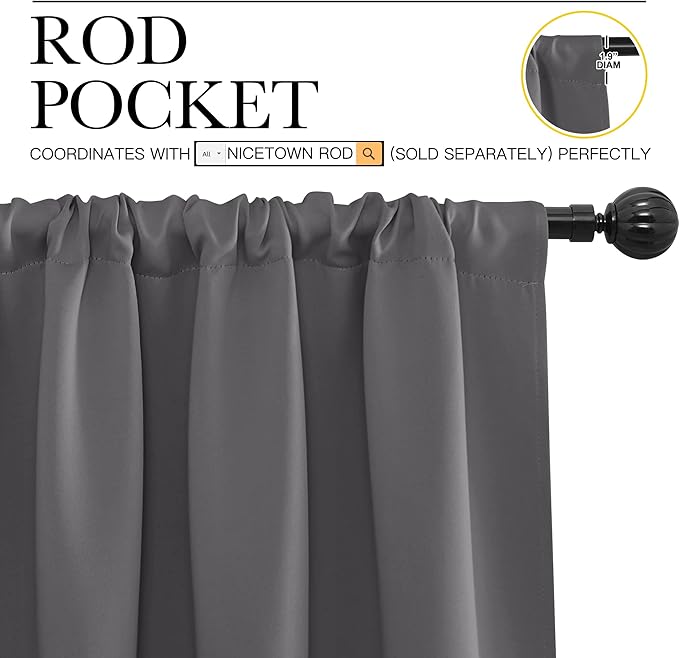 NICETOWN Grey Window Curtains for Bedroom - Home Decoration Thermal Insulated Rod Pocket Blackout Blinds & Drapes for Small Windows (Gray, 2 Panels, W42 x L48 -Inch)