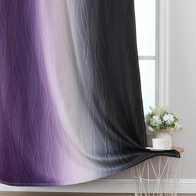 Estelar Textiler Purple and Black Ombre Blackout Curtains 108 Inch Length 2 Panels Set, Thermal Insulated Drapes for Bedroom,Full Room Darkening Grommet Gradient Curtains for Living Room,52Wx108L