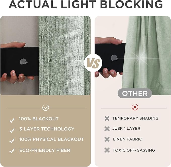 Joydeco Blackout Curtains for Bedroom - 100% Light Blocking 2 Panels Sage Green Drapes 42" W x 90" L, Thermal Insulated Room Darkening Curtains, Linen Textured for Living Room, Rod Pocket & Back Tabs