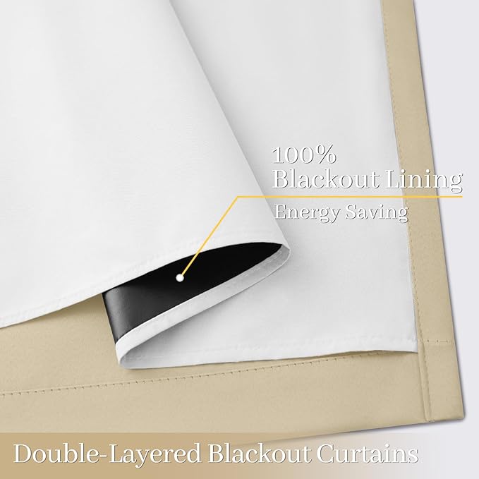 Yakamok 100% Blackout Curtain Panels 63 inches Cold and Light Blocking Drapes for Nursery, 2 Thick Layers Thermal Insulated Draperies (2 Pieces, 50 Wide Each Panel, Beige Front with White Backing)