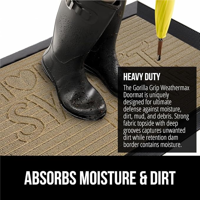 GORILLA GRIP 100% Waterproof All-Season WeatherMAX Doormat, US Designed Natural Rubber, Stain and Fade Resistant, Low Profile Indoor Outdoor Door Mats, Easy Clean Patio Mat, 29x17, Home Sweet Home