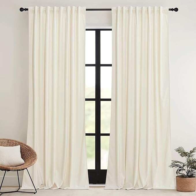 RYB HOME Cream Velvet Curtains 84 inch, Light Dimming White Window Curtains for Living Room Thermal Insulated Privacy Backdrop with Pleat Tape on Top for Bedroom, Ivory, W52 x L84 inch, 2 Panels