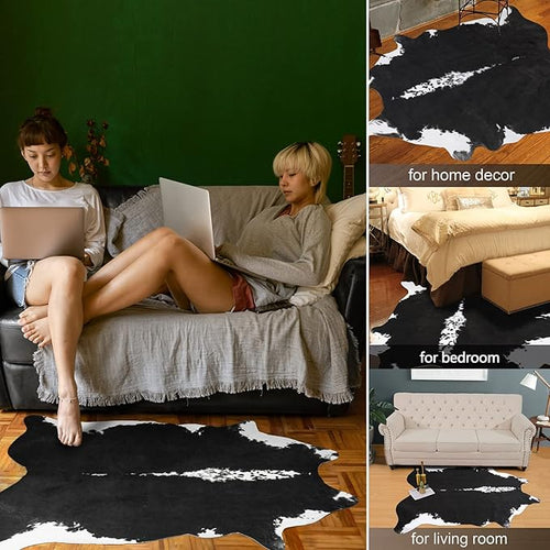 AROGAN Oversized Faux Cow Hides and Skins Rug-5.2 × 6.2 Feet Cow Print Area Rugs for Living Room Bedroom Western Rug Boho Room Decor, Animal Hide with No-Slip Backing, Black and White