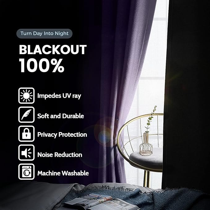 SimpleHome 100% Blackout Curtains for Bedroom,Thermal Insulated Lilac Grommet Window Drapes Room Darkening Curtains for Living Room with Black Back,52 x 36 Inch,2 Panels