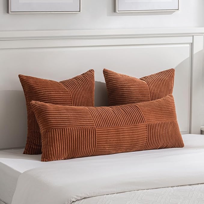 Fancy Homi 2 Packs Rust Decorative Throw Pillow Covers 22x22 Inch for Living Room Couch Bed, Rustic Farmhouse Boho Home Decor, Soft Corss Corduroy Patchwork Terracotta Square Cushion Case 55x55 cm