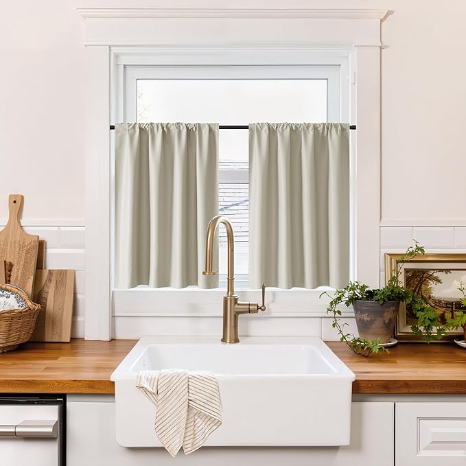 RYB HOME 100% Blackout Short Curtains for Small Window, Thermal Insulated Total Room Darkening Noise Reducing Curtains for Basement Bathroom RV Cars, 29 inches Wide by 24 inches Long, Natural