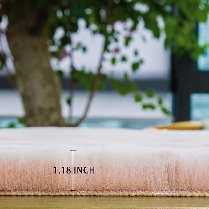ORINOVA Pink Washable Fluffy 5x8 Area Rugs for Bedroom Plush Faux Rabbit Shag Fur Rug for Living Room Nursery Rug
