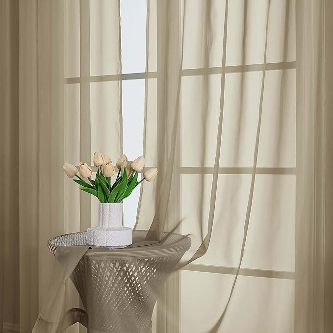 OWENIE Taupe Sheer Curtain 90 Inches Long 2 Panels Set, Solid Filmy Drapes for Living Room Bedroom, Elegant Window Voile Sheer Curtain Panels Drapes, 2 Pcs, Each 59" Wx90 L Inch
