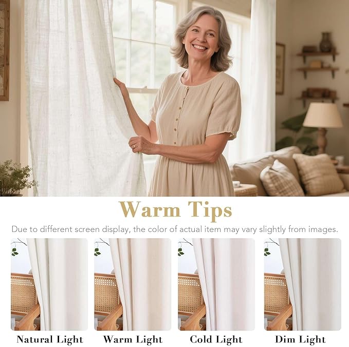H.VERSAILTEX Elegant Natural Linen Blended Energy Efficient Light Filtering Linen Textured Curtains/Nickel Grommet Semi Sheer Window Treatments Panels/Drapes (Set of 2, Heathered Natural, 52" x 54")