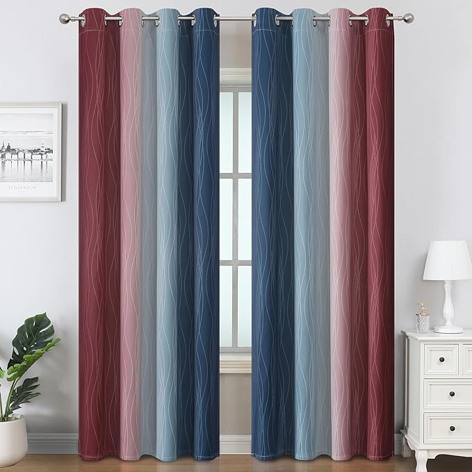 Estelar Textiler Navy Blue and Burgundy Red Ombre Blackout Curtains & Drapes for Living Room, Thermal Insulated Grommet Energy Saving Window Gradient Curtains for Bedroom, 52Wx108L, 2 Panels
