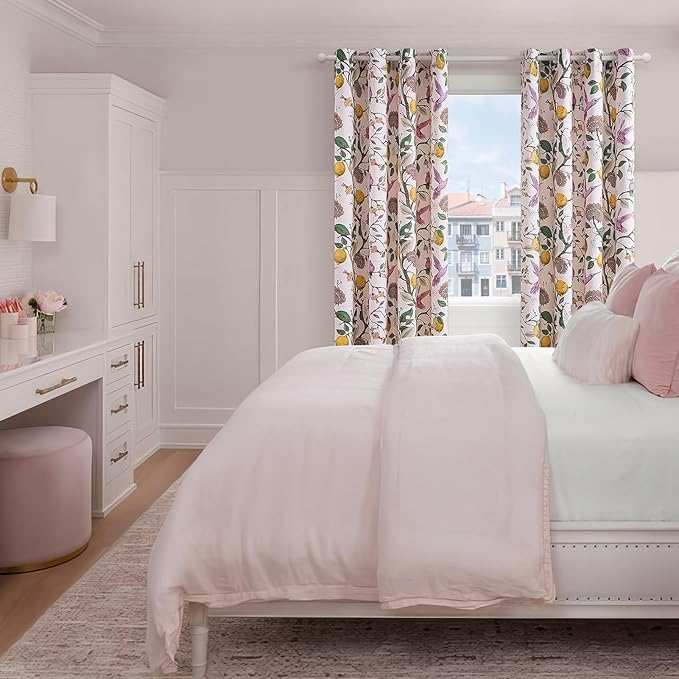 Topfinel Pink Window Curtains 96 Inch Long Cute Heat Block Vintage Farmhouse Elegant Whimsical Floral Hummingbird Dusty Rose Drapes Sound Dampening Curtains for Girls Kids Room Living Room 2 Panels