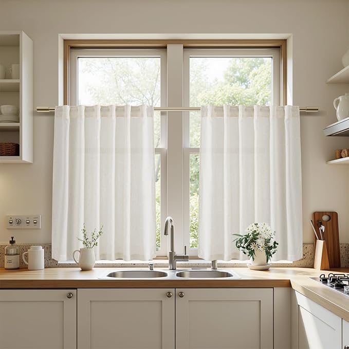Nanspring Natural Linen Curtains for Kitchen Windows Over Sink - Cafe Curtain Semi Sheer with Rod Pocket and Back Tab Lightweight Rustic Textured Bistro Curtains for Bathroom, 2 Panels 25 x 24 Inch