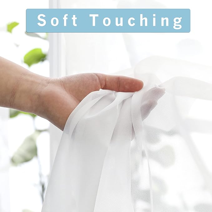 OWENIE White Sheer Curtains for Kitchen Valance Set of 2, Small Short Modern Rod Pocket Voile Valance Curtain Window Treatment Decor for Living Room Bathroom Cafe Laundry Basement, 42" W x 14" L