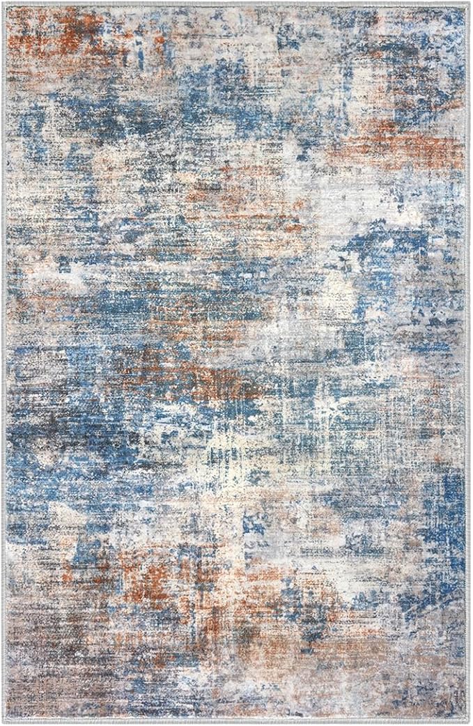 IOHOUZE Abstract Area Rug 3x5 Ft Washable Rugs for Entryway Indoor, Non Slip Kitchen Rug Printed Faux Wool Throw Rugs, Indoor Door Mat for Door Entrance Foyer Living Room, Blue Rust